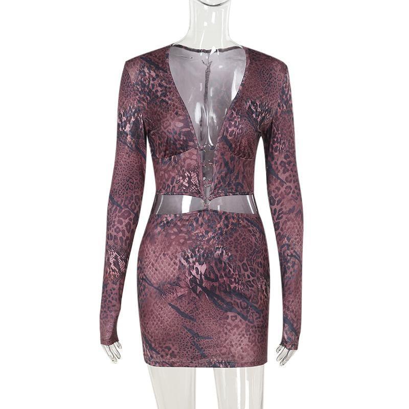 Long-Sleeve Leopard Print Cutout Mini Bodycon Dress Product Image