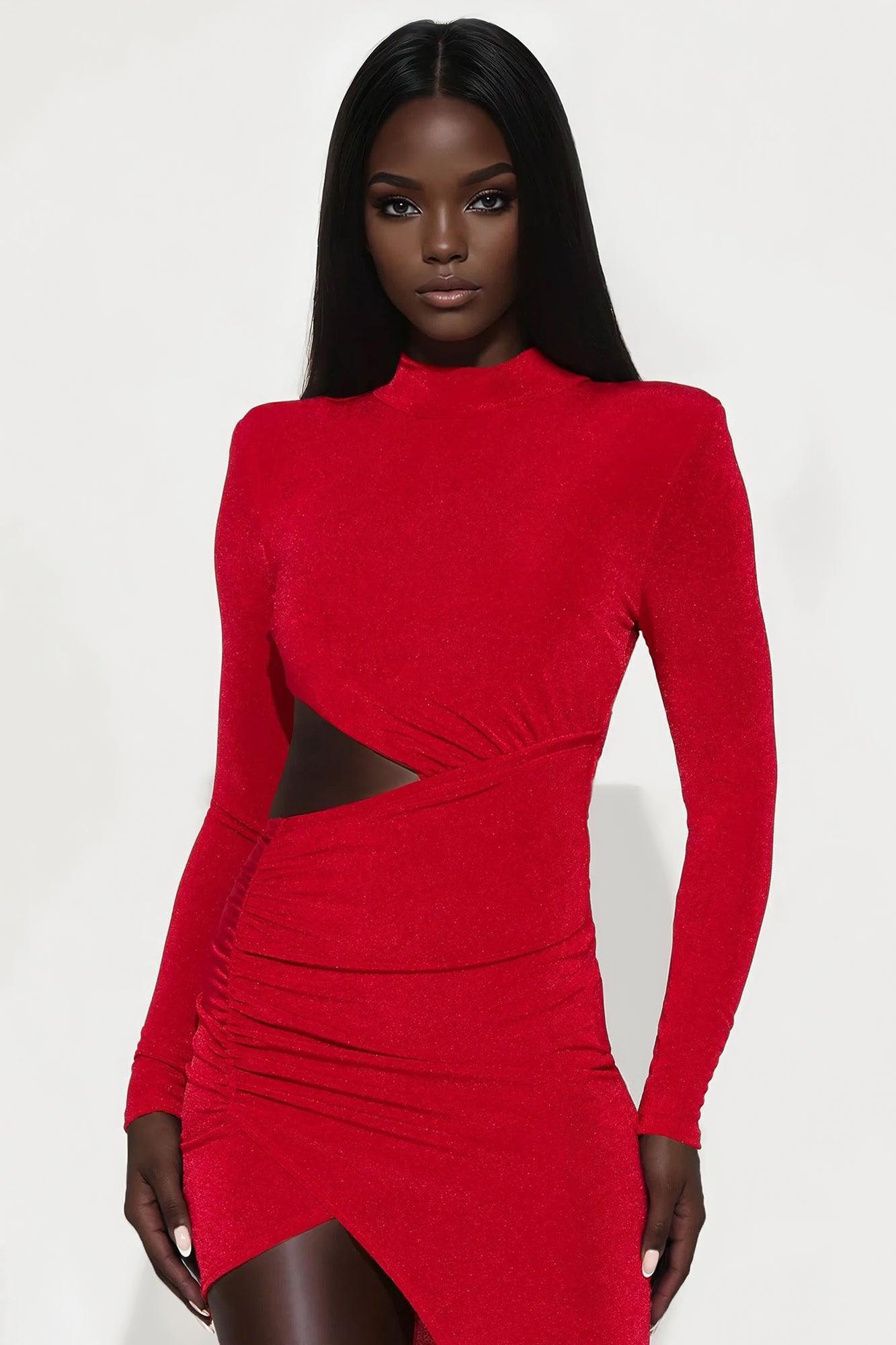 Amari Long Sleeve Slinky Maxi Dress - Red Product Image