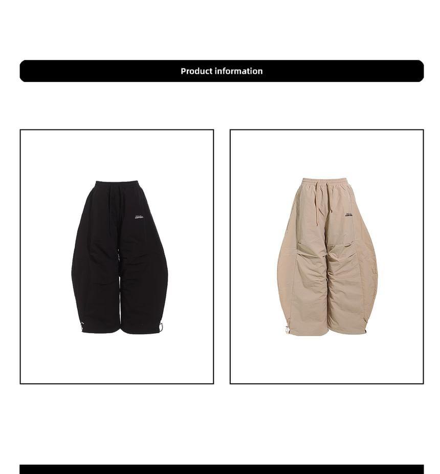 Drawstring Waist Lettering Embroidered Wide Leg Cargo Pants Product Image