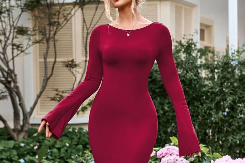 Long-Sleeve Round Neck Plain Midi Mermaid Dress Product Image
