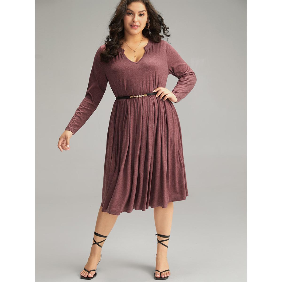 Plus Size Supersoft Essentials Notched Elastic Waist Dress Russet Women Elegant Gathered Notched collar Long Sleeve Curvy Midi Dress BloomChic 28/5X Product Image
