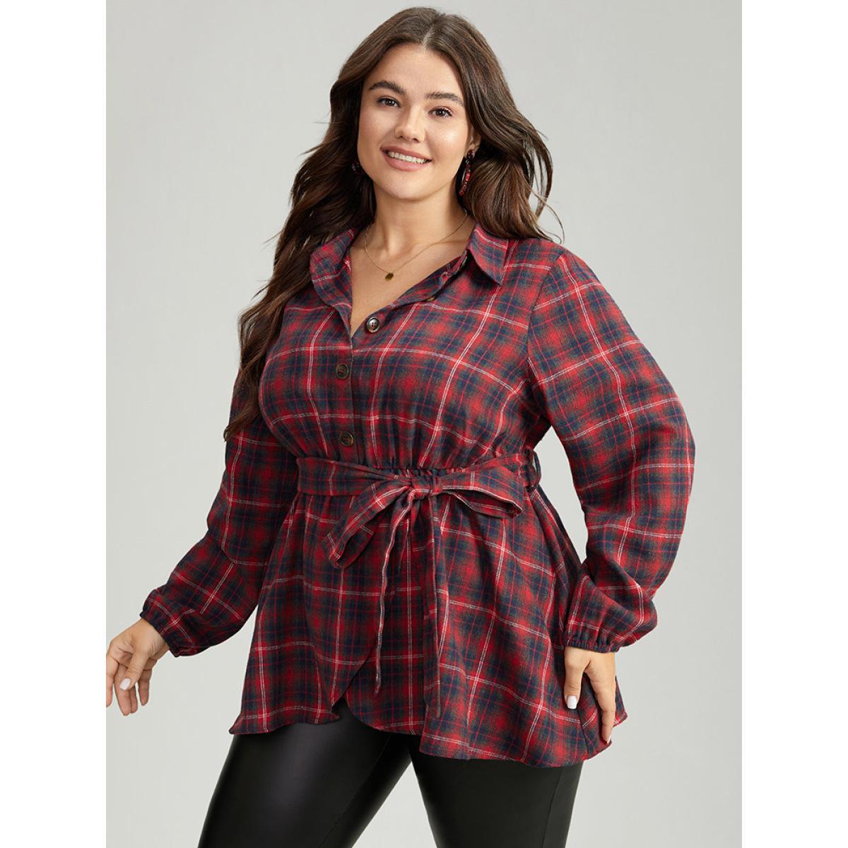 Plus Size Raspberry Plaid Shirt Collar Belted Button Through Blouse Women Elegant Long Sleeve Shirt collar Festival-Christmas Blouses BloomChic 28/5X Product Image