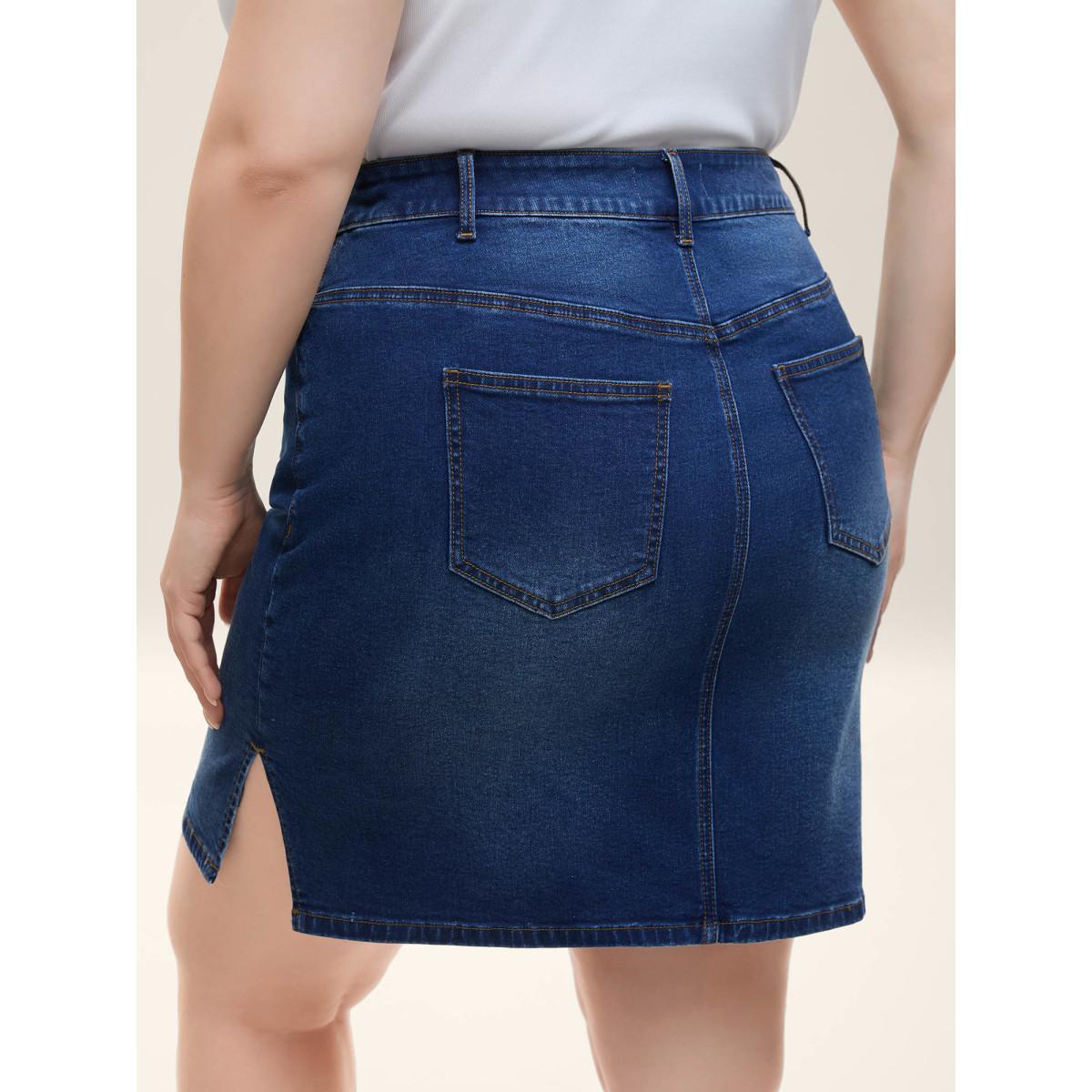 Plus Size Whiskered Classic Cut Fitted Denim Skirt Women Midblue Everyday-Casual Medium stretch Medium Wash 24/3X Slanted pocket Denim Skirts BloomChic Product Image