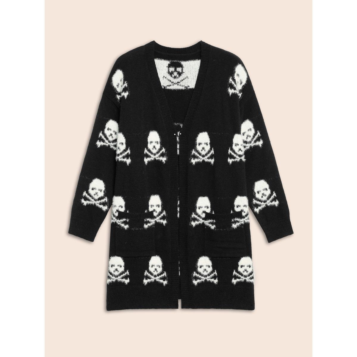 Plus Size Skull Pattern Plus Jacquard Open Cardigan Black Women Casual Loose Long Sleeve Everyday Cardigans BloomChic 12/L Product Image