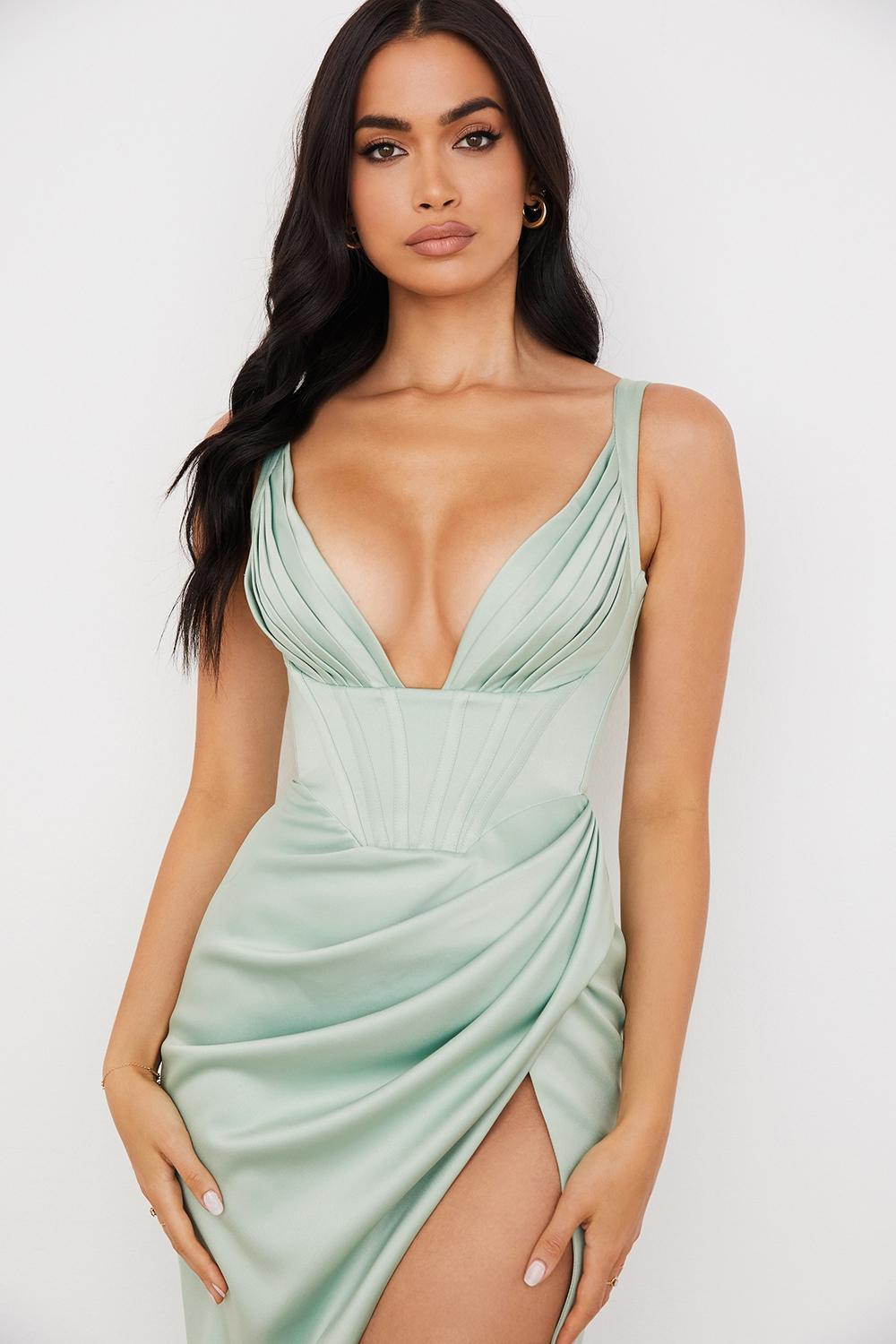Faye Pistachio Satin Corset Midi Dress Product Image