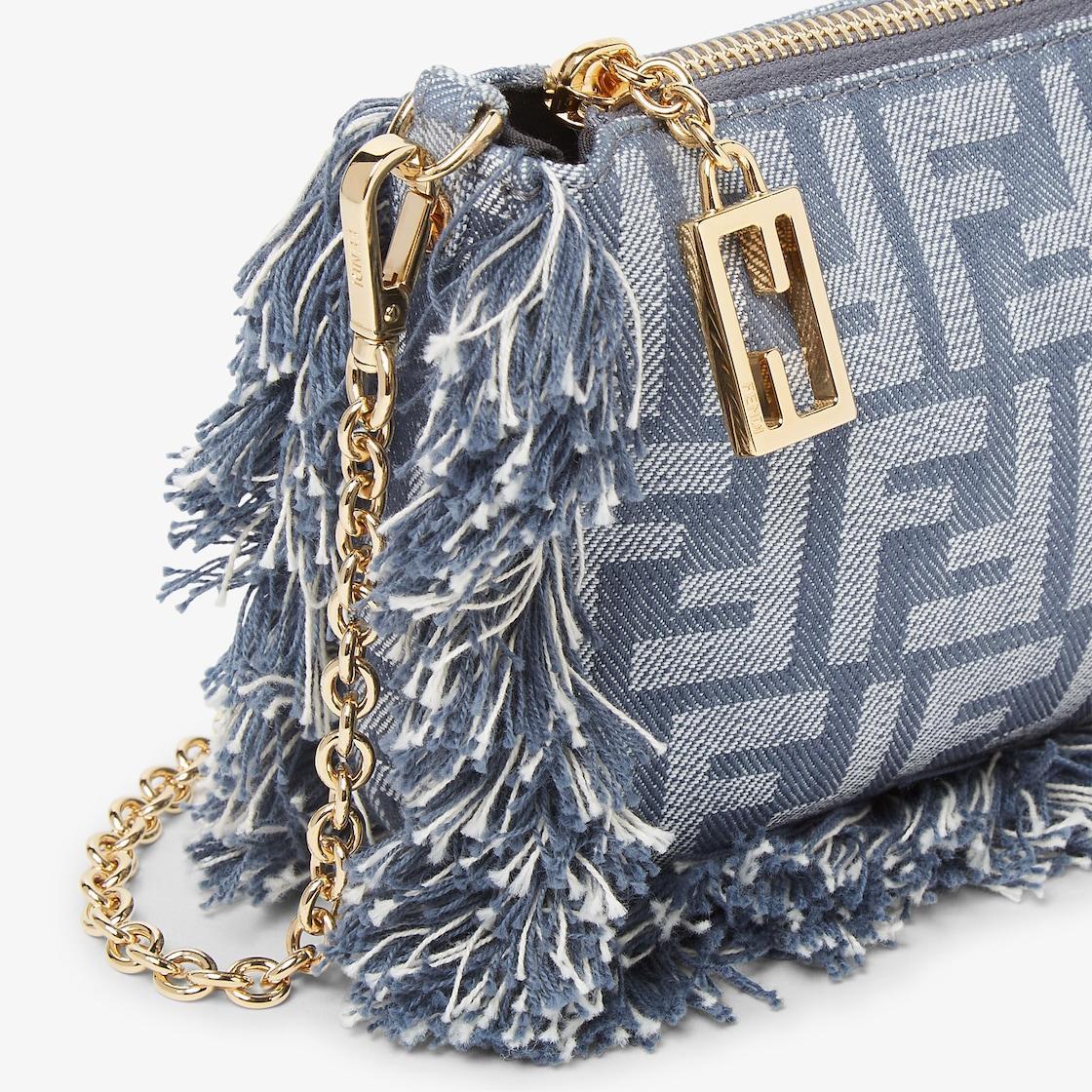 Baguette PouchBlue denim-effect FF jacquard charm pouch with chain Product Image