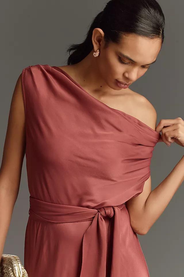 Maeve Asymmetrical Tie-Waist Satin Midi Dress Product Image