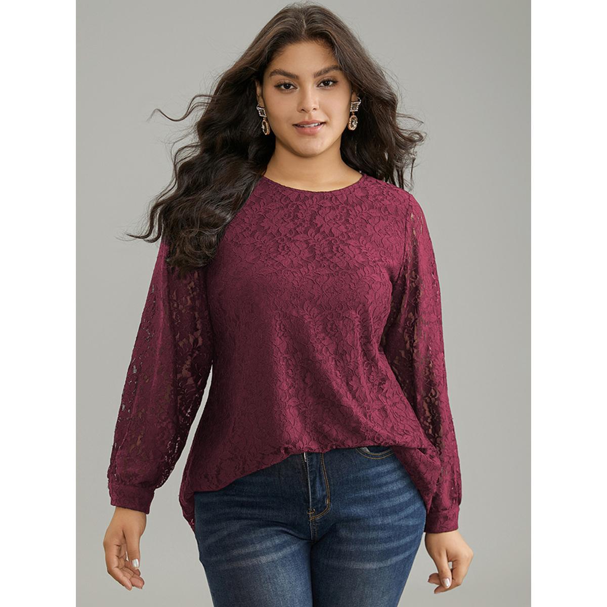Plus Size Purple Solid Crochet Lace Mesh Crew Neck Blouse Women Cocktail Long Sleeve Round Neck Party Blouses BloomChic 26/4X Product Image
