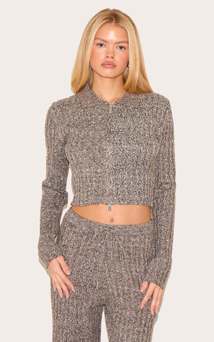 Chocolate Marl Knitted Dipped Hem Cropped Zip Up Top Product Image
