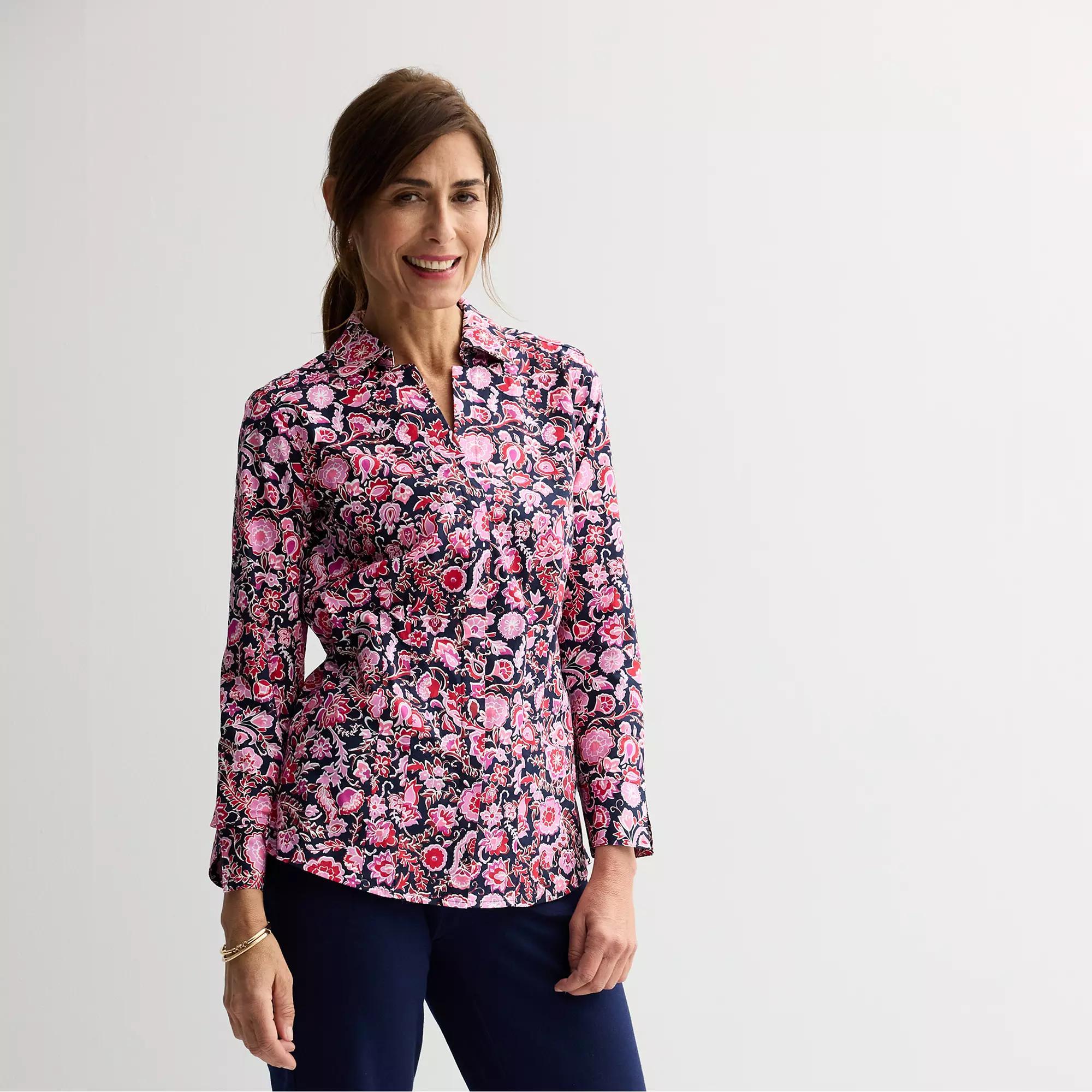 Petite Croft & Barrow Tailored Shirt, Womens Blue Red Floral Vine Product Image