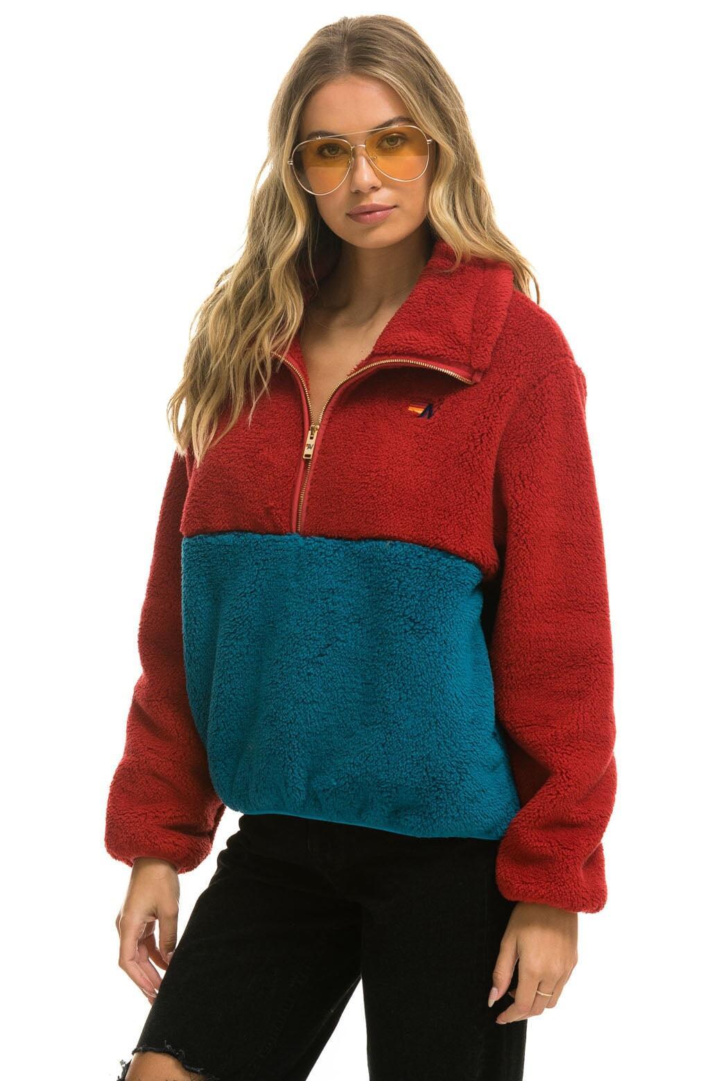 TEDDY APRES HALF ZIP COLOR BLOCK JACKET - CHERRY Female Product Image