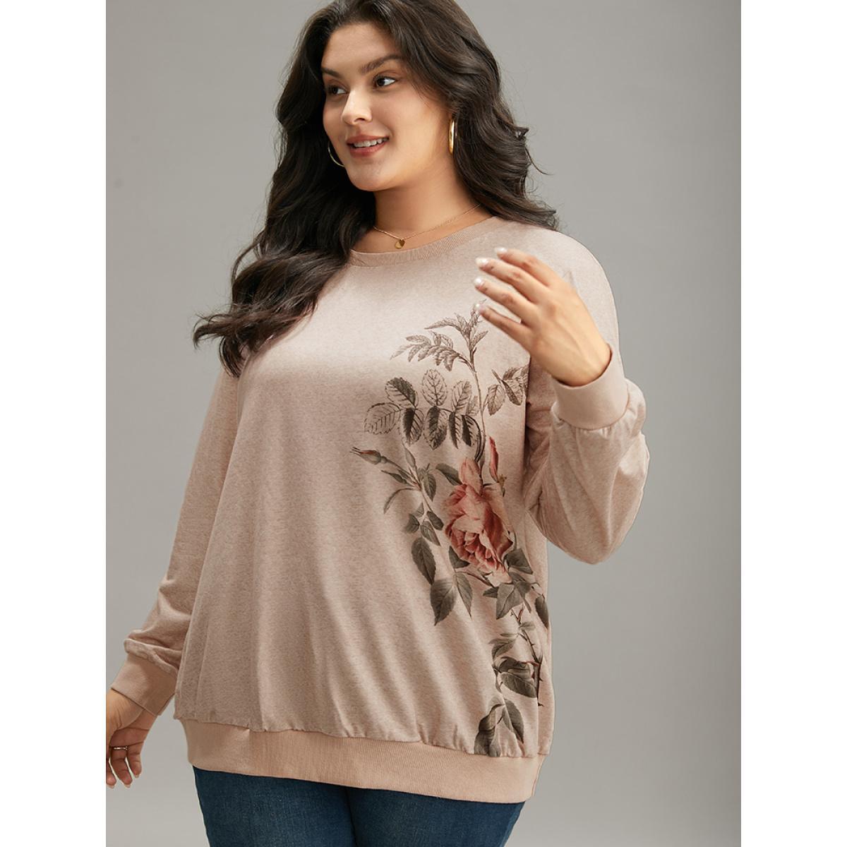 Plus Size Floral Print Elastic Cuffs Sweatshirt Women LightBrown Casual Elastic cuffs Round Neck Dailywear Sweatshirts BloomChic 18-20/2X Product Image