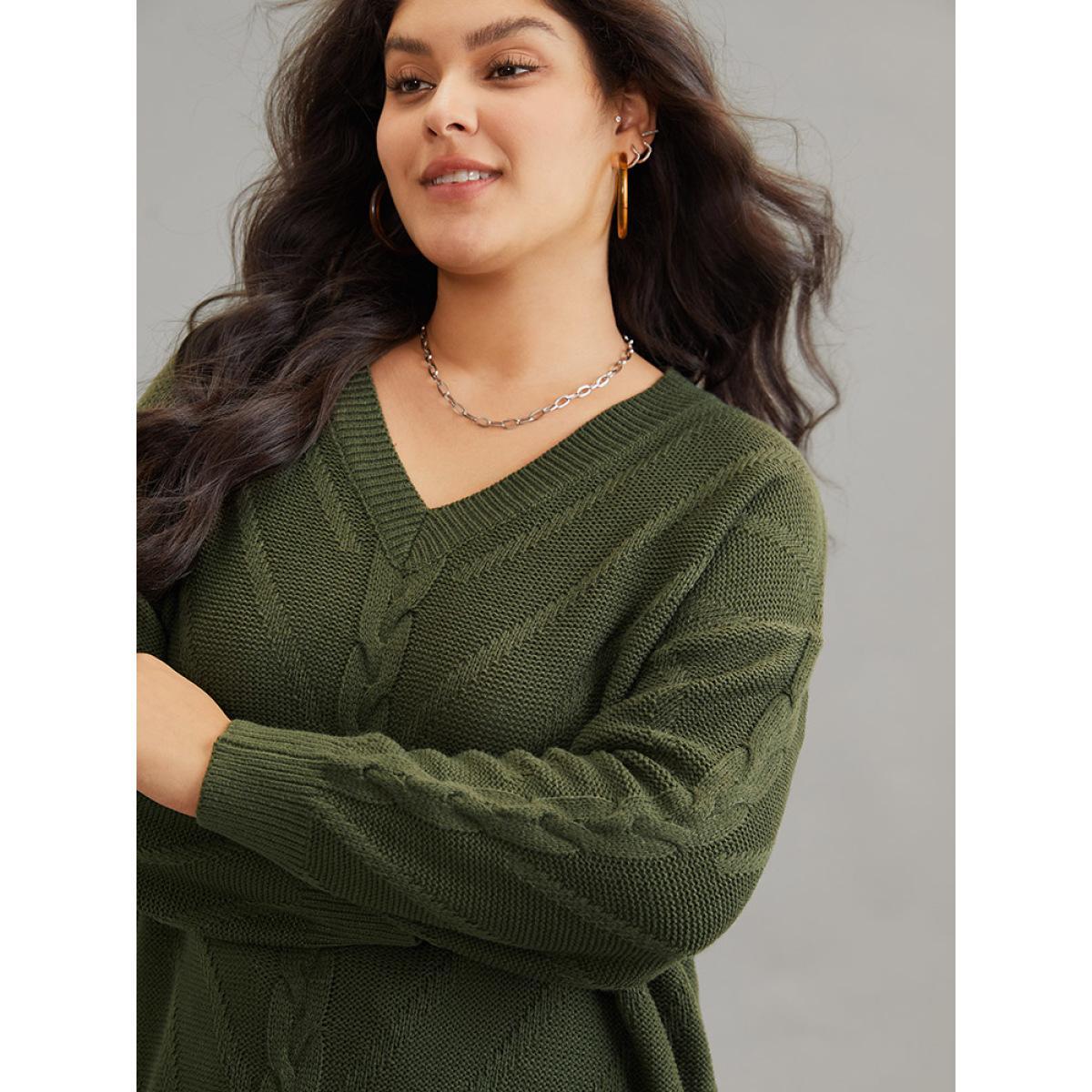 Plus Size Cable Knit Plisse Moderately Stretchy Pullover ArmyGreen Women Casual Loose Long Sleeve V-neck Dailywear Pullovers BloomChic 30/6X Product Image