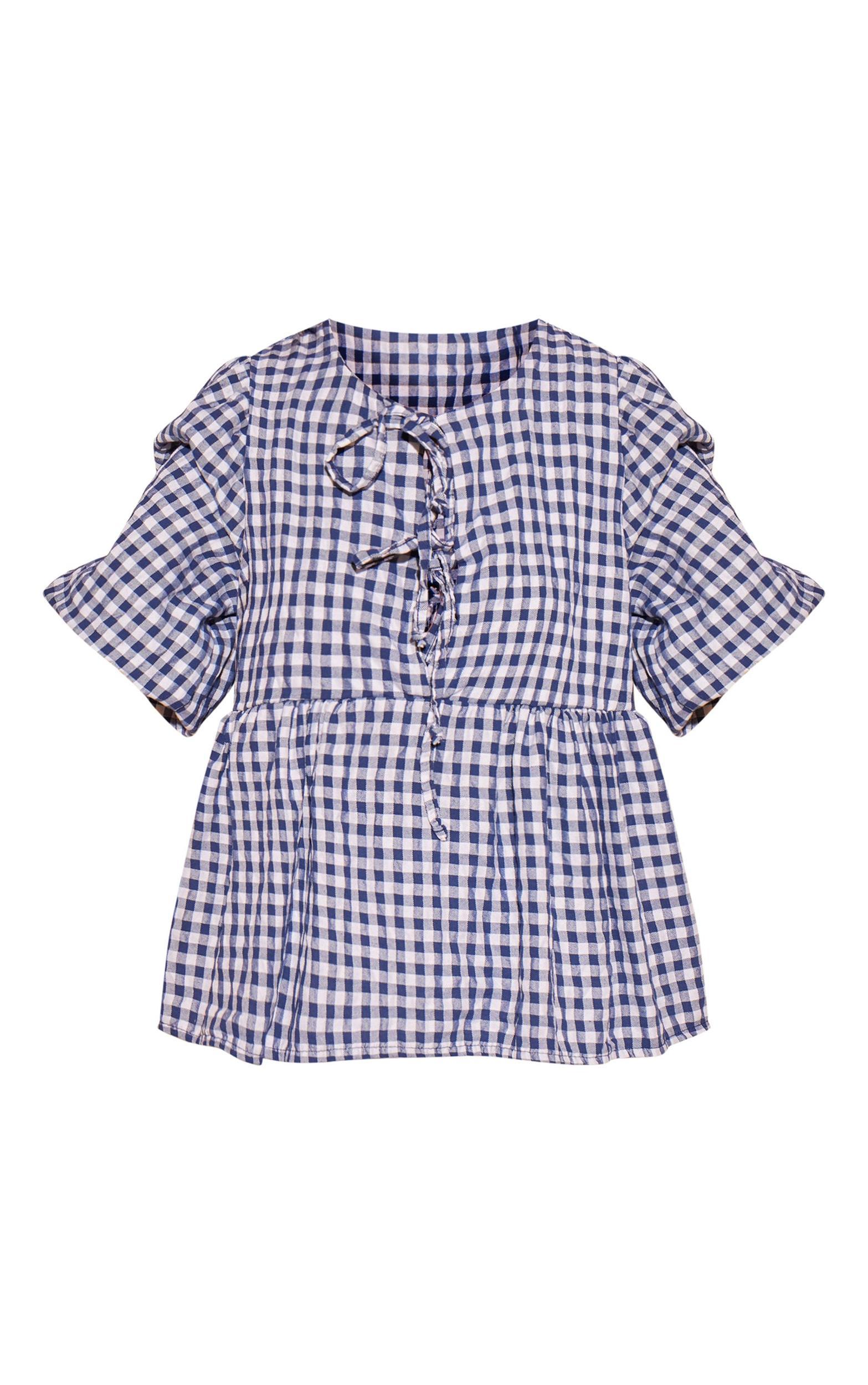 Navy Gigham Tie Front Puffsleeve Blouse Product Image