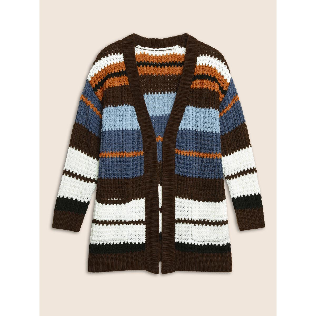 Plus Size Colorblock Contrast Patched Pocket Cardigan DarkBrown Women Casual Loose Long Sleeve Everyday Cardigans BloomChic 18-20/2X Product Image
