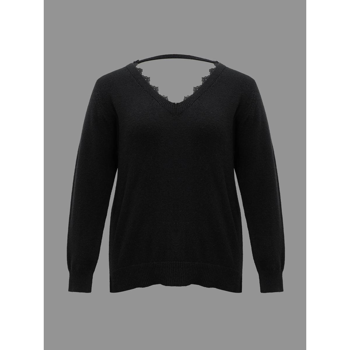 Plus Size V Neck Lace Patchwork Backless Pullover Black Women Elegant Long Sleeve V-neck Everyday Pullovers BloomChic 30/6X Product Image