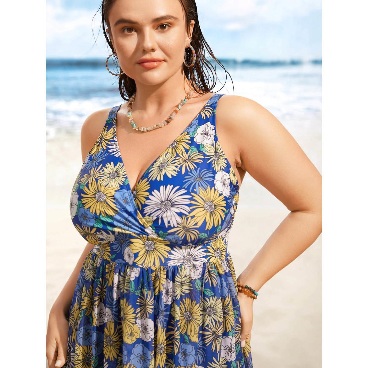 Plus Size Overlap Collar Floral Mesh Split Side Swim Dress Women's Swimwear Indigo Beach Bodycon Overlap Collar High stretch Curve Swim Dresses BloomChic 26/4X Product Image
