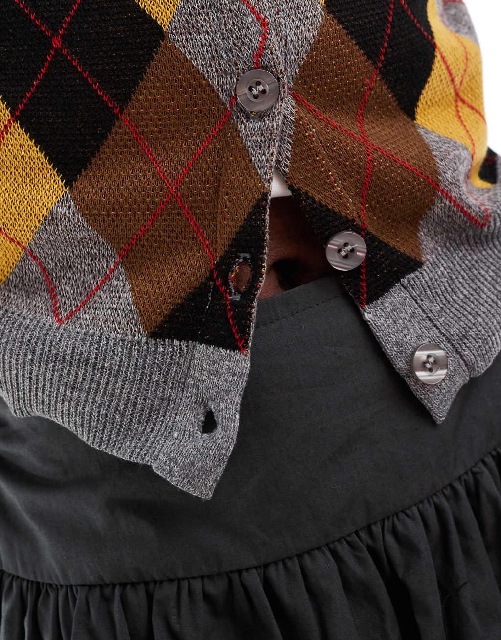 Daisy Street gray heather cardigan with harlequin pattern front panel Product Image