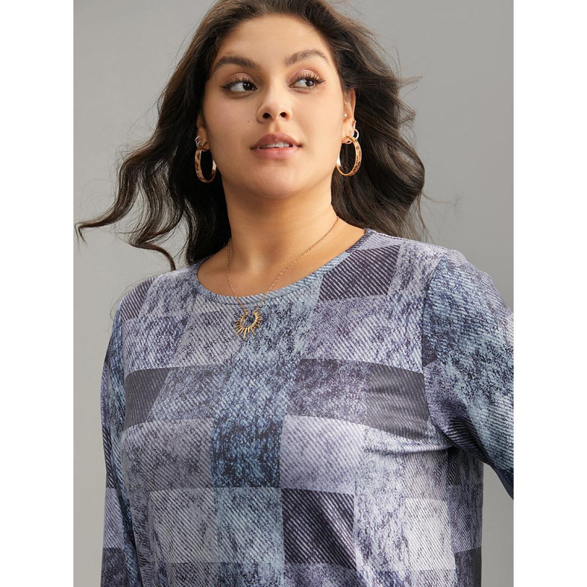 Plus Size Colorblock Contrast Plaid Round Neck T-shirt Aegean Women Casual Contrast Plaid Round Neck Dailywear T-shirts BloomChic 10/M Product Image
