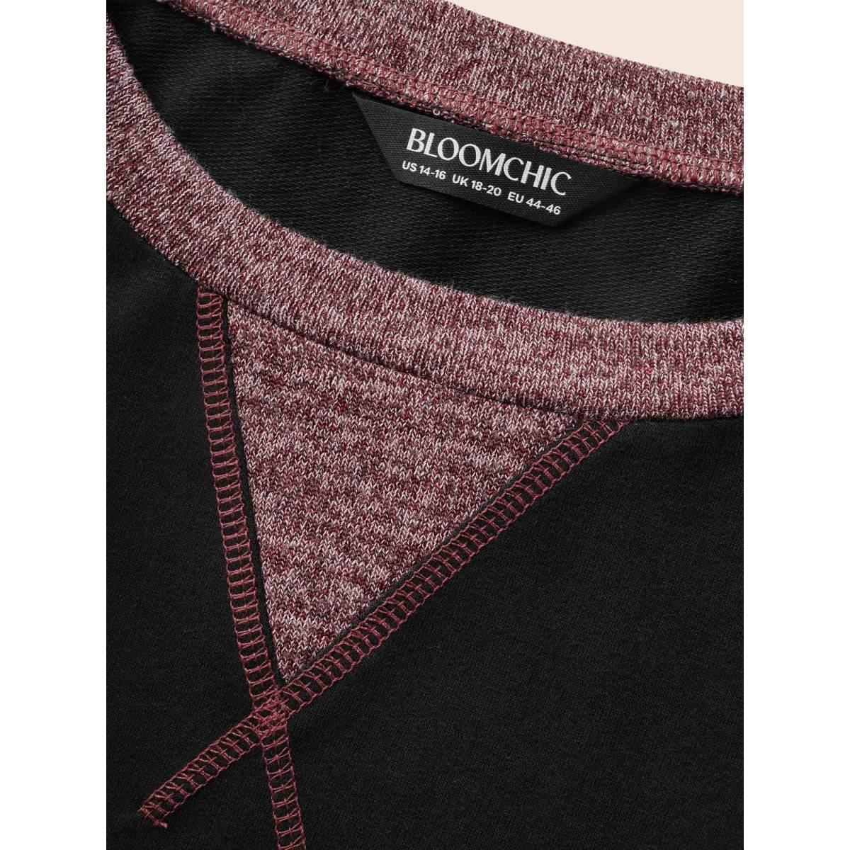 Plus Size Striped Contrast Pocket Raglan Sleeve High Low Hem Sweatshirt Women Maroon Casual Contrast Round Neck Everyday Sweatshirts BloomChic 30/6X Product Image
