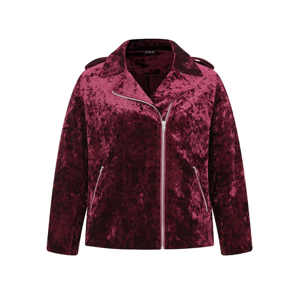Plus Size Plain Velvet Asymmetrical Zipper Jacket Women Scarlet Lined Pocket Dailywear Jackets BloomChic 30/6X Product Image