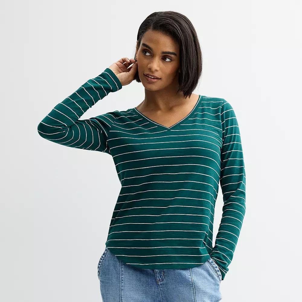 Petite Sonoma Goods For Life® Everyday Long Sleeve V-Neck T-Shirt, Women's, Size: Small Petite, Deep Black Stripe Product Image