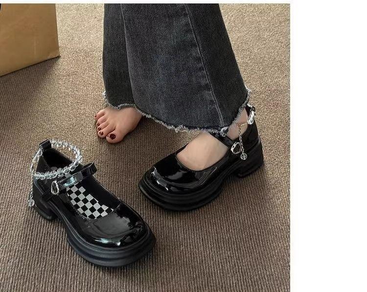 Heart Buckled Beaded Platform Chunky Heel Mary Jane Pumps Product Image