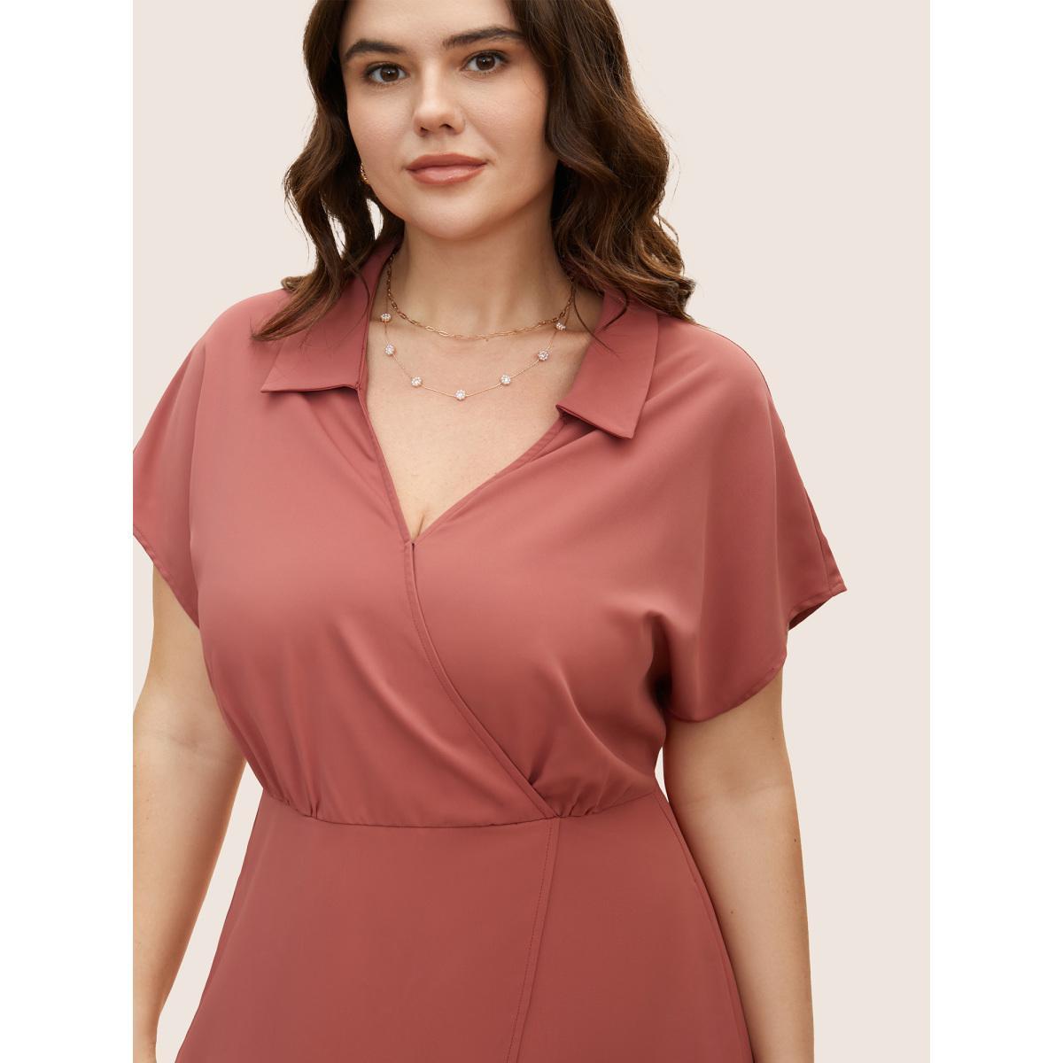 Plus Size Anti-Wrinkle Solid Shirt Collar Wrap Hem Dress Salmon Women At the Office Asymmetrical Shirt collar Short sleeve Curvy BloomChic 22-24/3X Product Image