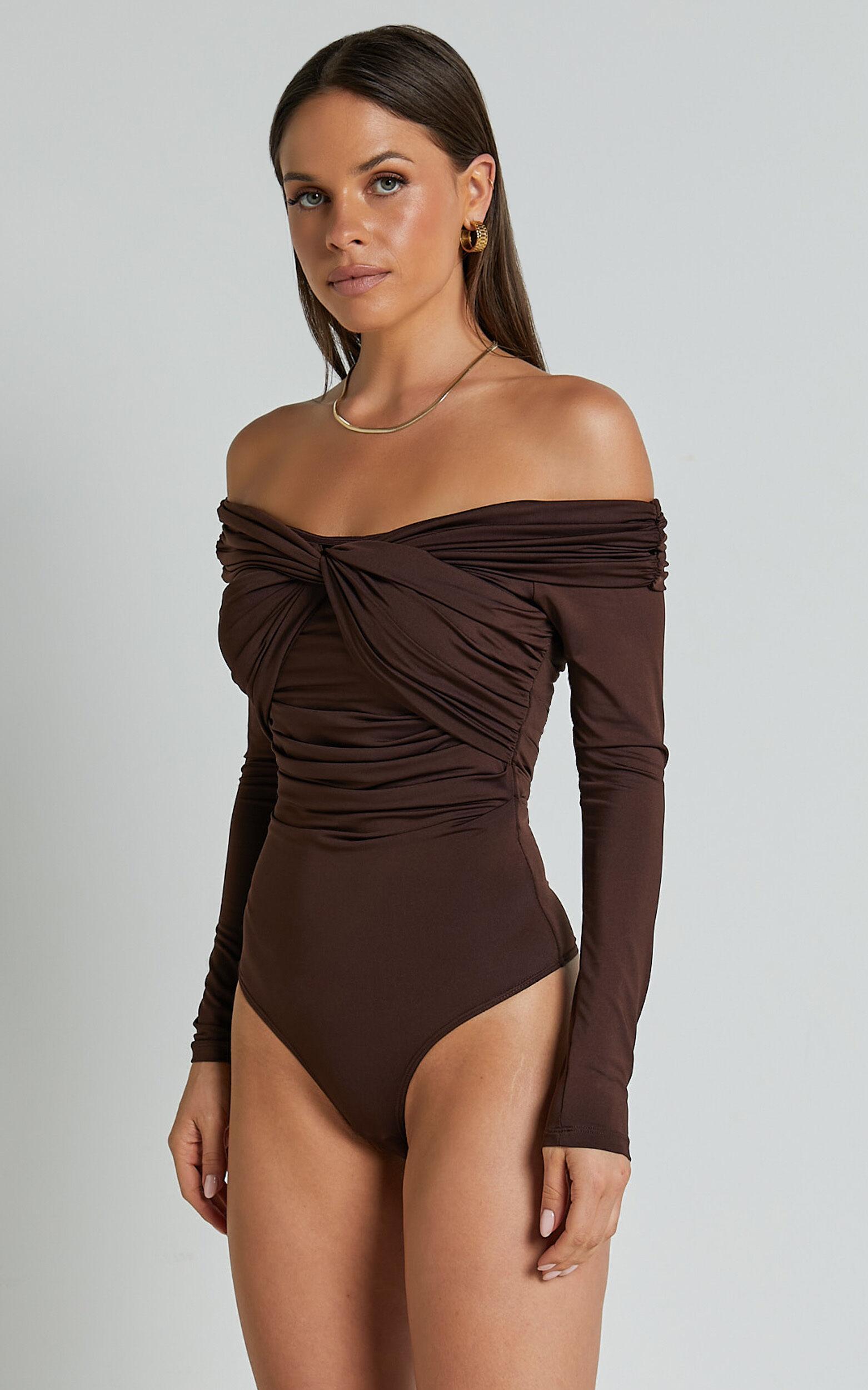 Shamaira Bodysuit - Twist Front Off Shoulder Long Sleeve in Brown Product Image