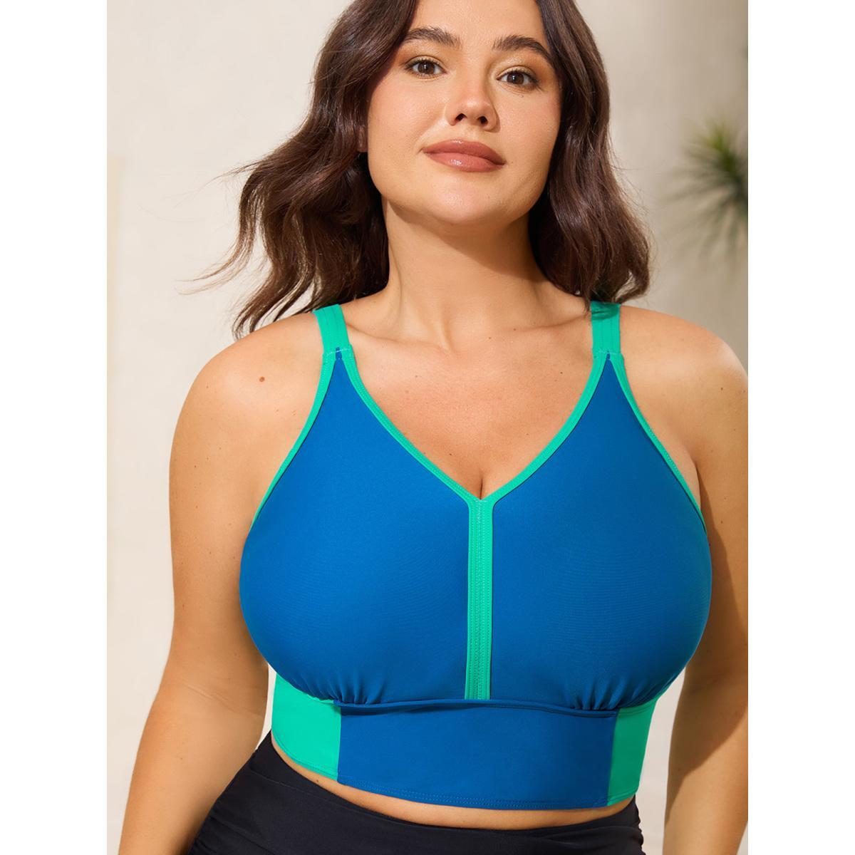 Plus Size Color Contrast V-Neck Swim Top Women's Swimwear Cerulean Beach High stretch Skinny U-neck Curve Swim Tops BloomChic 26/4X Product Image