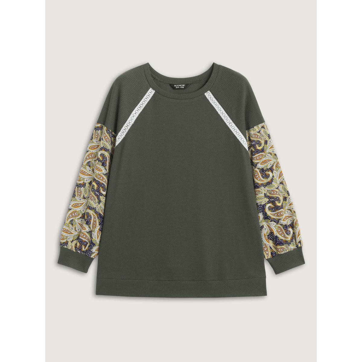 Plus Size Paisley Sleeve Textured Contrast Sweatshirt Women ArmyGreen Woven ribbon&lace trim Round Neck Everyday-Casual Sweatshirts BloomChic 12/L Product Image