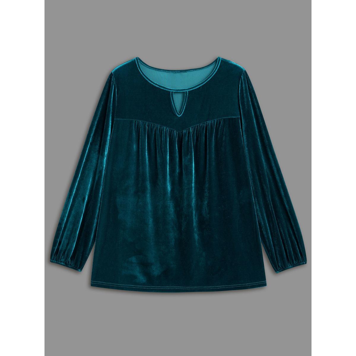 Plus Size Aegean Plain Hollow Out Gathered Velvet Blouse Women Cocktail Long Sleeve Round Neck Party Blouses BloomChic 28/5X Product Image