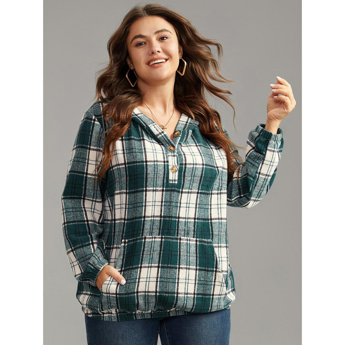 Plus Size Plaid Button Up Hooded Pocket Sweatshirt Women Green Casual Elastic cuffs Hooded Dailywear Sweatshirts BloomChic 10/M Product Image