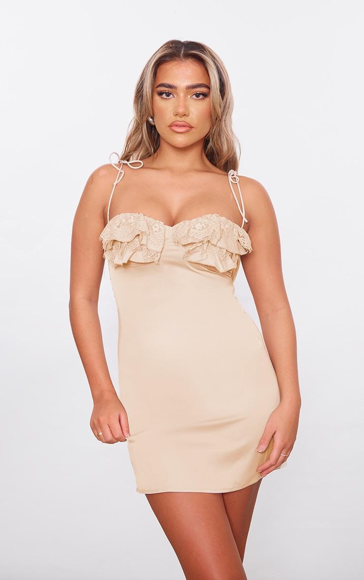 Cream Satin Lace Cup Detail Tie Shoulder Mini Dress Product Image