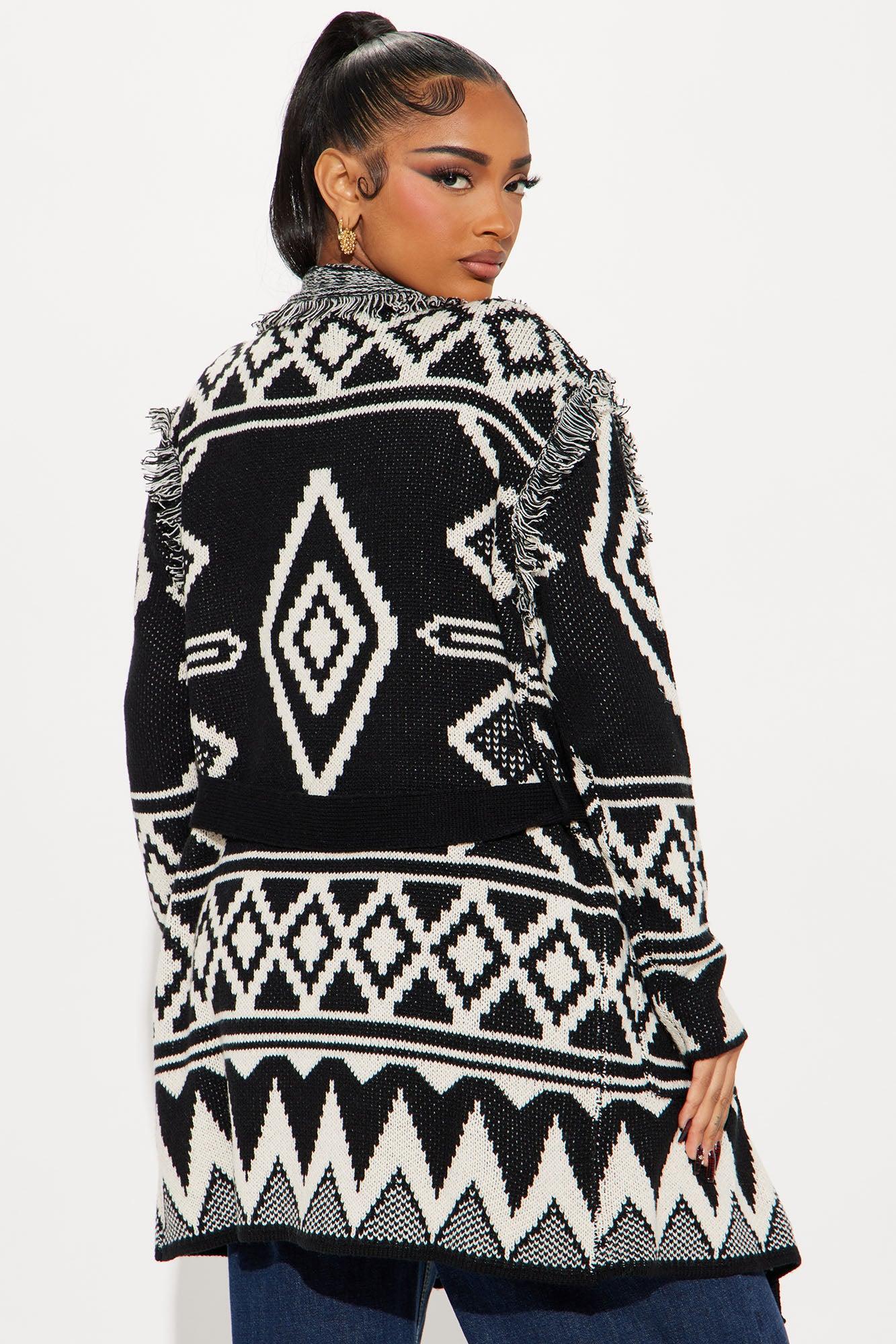 Snow Fall Printed Fringe Cardigan - Black/White Product Image
