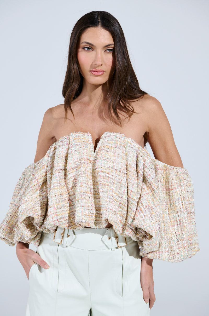 THE PRETTIEST FLOWER TWEED OFF-SHOULDER TOP Product Image