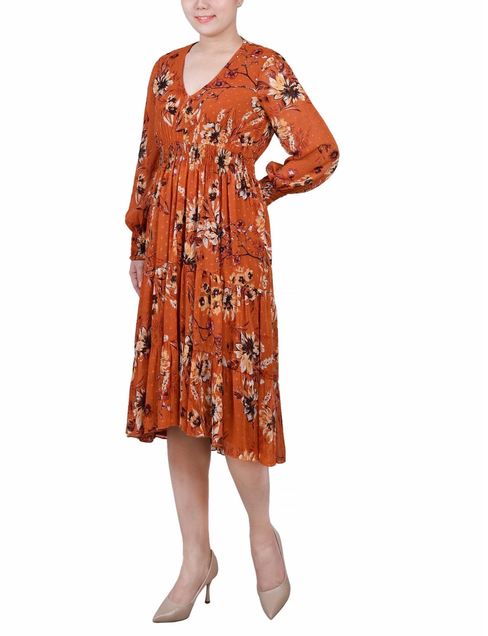 Orange Hauppage Long Sleeve Clip Dot Chiffon Dress With Smocked Waist and Cuffs Product Image