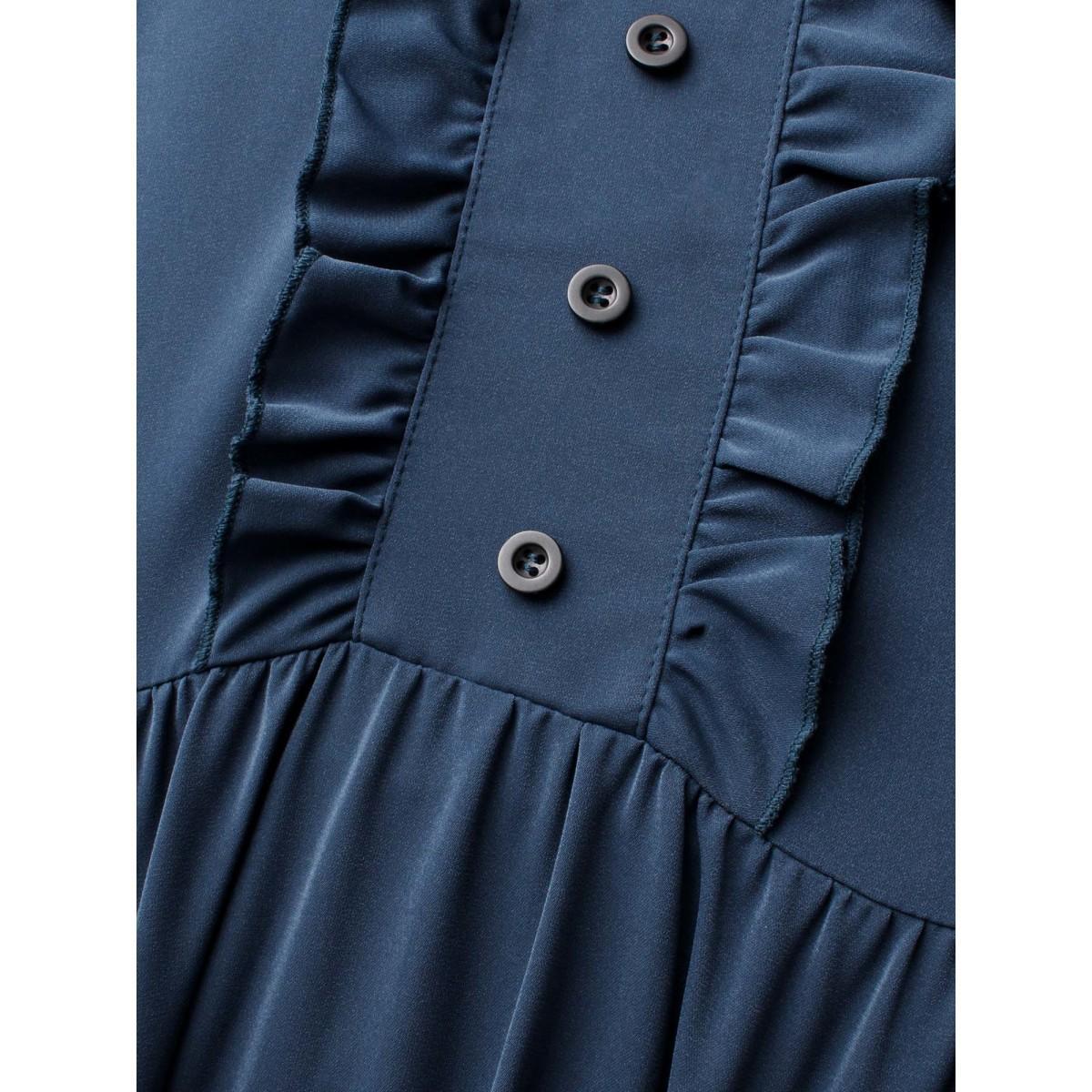 Plus Size Solid Ruffle Trim Elastic Waist Midi Dress DarkSlateGray Women Elegant Frill Trim V-neck Long Sleeve Curvy BloomChic 18-20/2X Product Image