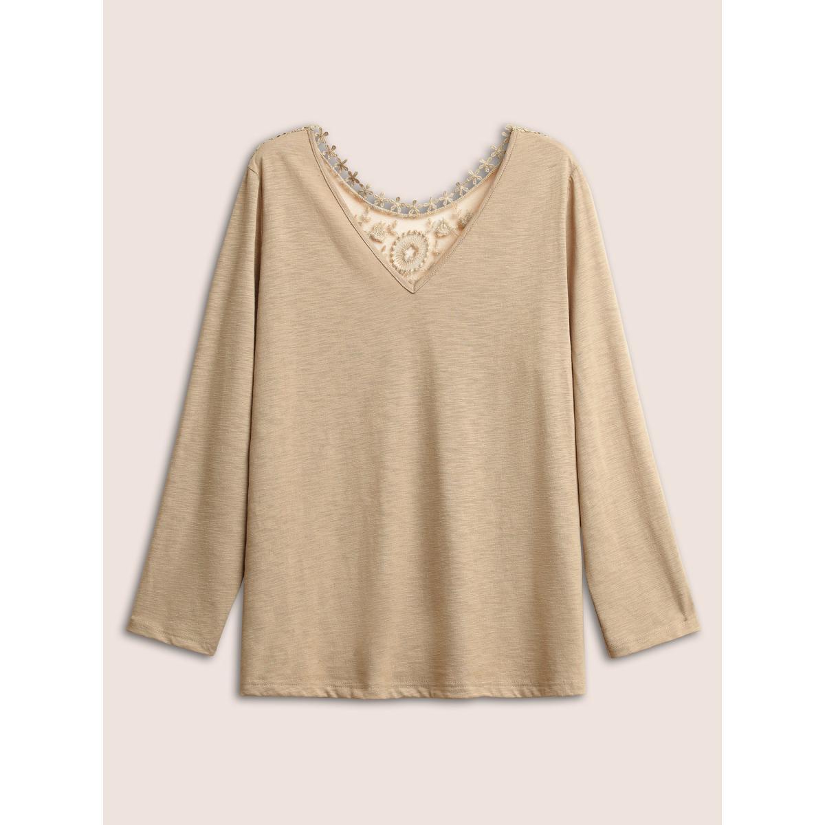 Plus Size Plain Heather Lace Mesh Patchwork T-shirt Tan Women Elegant Non Plain V-neck Everyday T-shirts BloomChic 30/6X Product Image