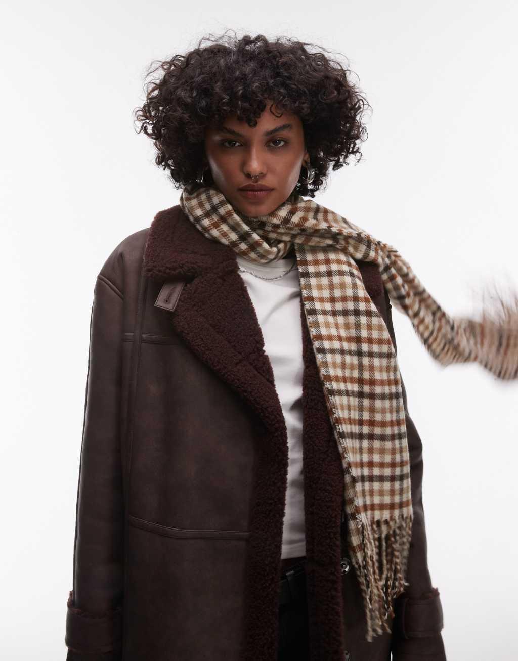Topshop faux leather shearling long aviator jacket in burgundy Product Image