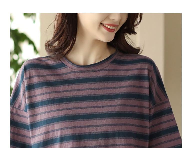 Elbow-Sleeve Crew Neck Striped T-Shirt Product Image