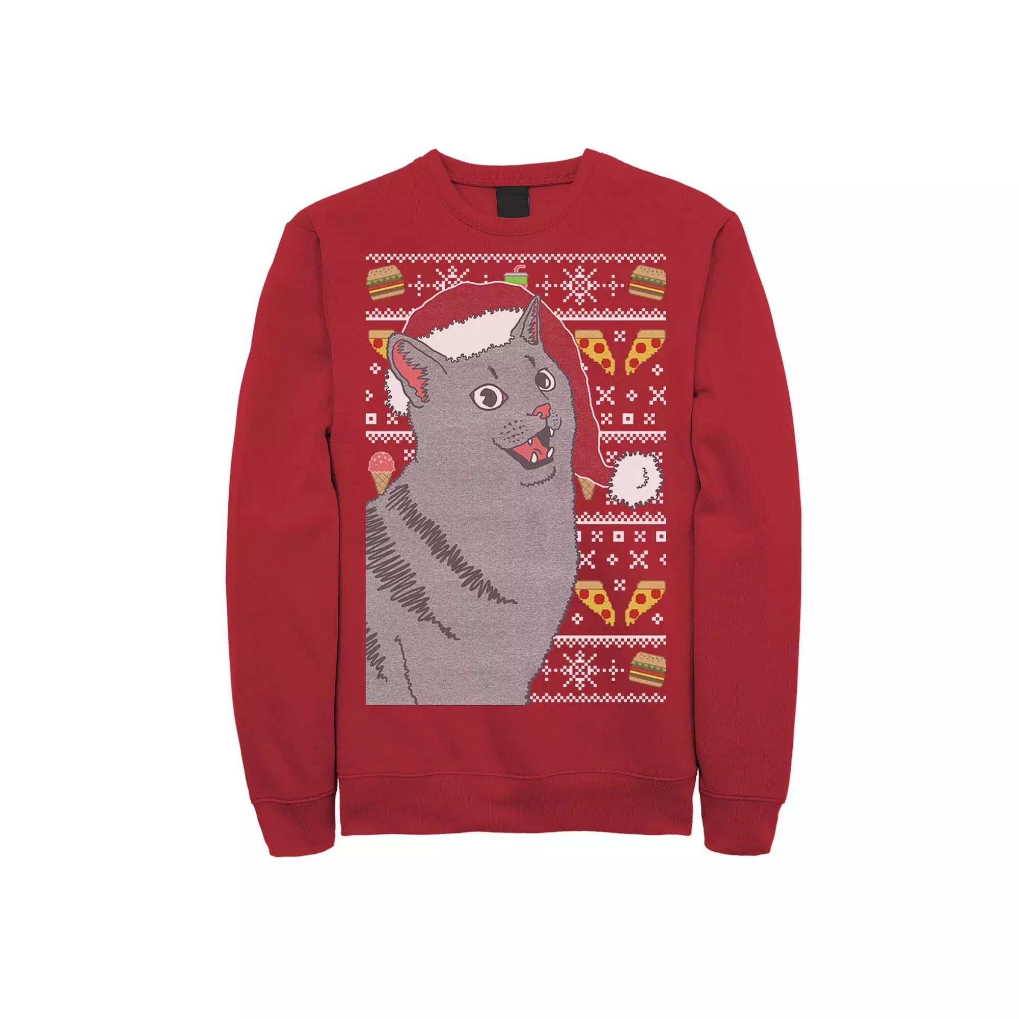 Mens Surprised Cat In Santa Hat Knit Style Graphic Fleece Pullover Product Image