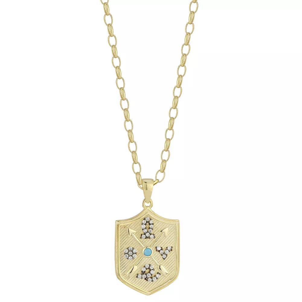 Sunkissed Sterling Sterling Silver Cubic Zirconia Simulated Turquoise Love Shield Pendant Necklace, Women's, Size: 18", Gold Tone Product Image