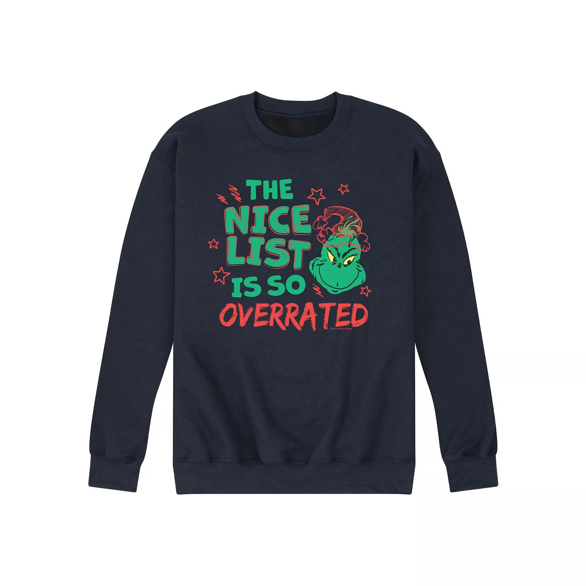 Mens Dr. Seuss The Grinch Nice List Overrated Fleece Sweatshirt Blue Product Image