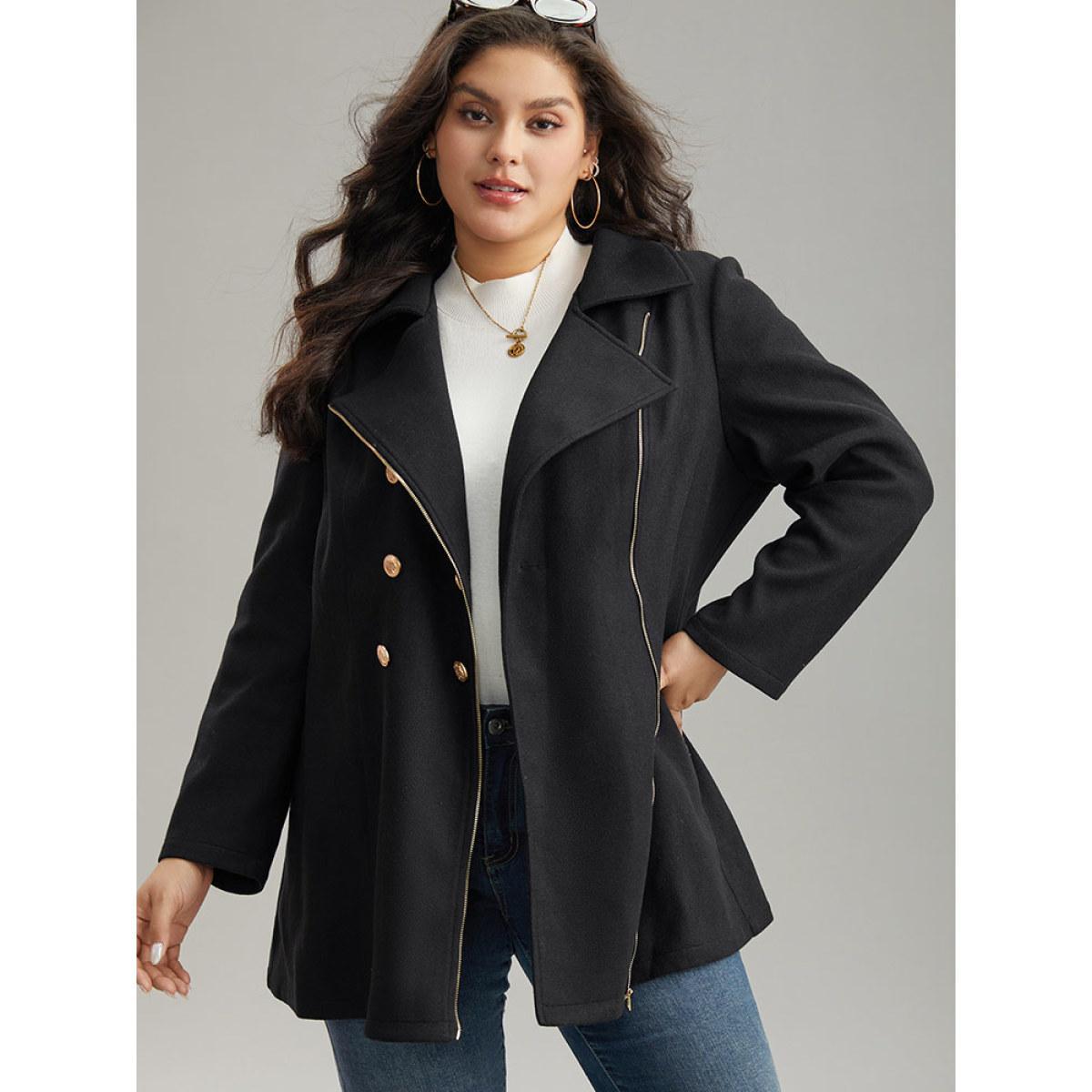Plus Size Asymmetrical Neck Buckle Detail Zipper Coat Women Black Casual Texture Ladies Dailywear Winter Coats BloomChic 14-16/1X Product Image