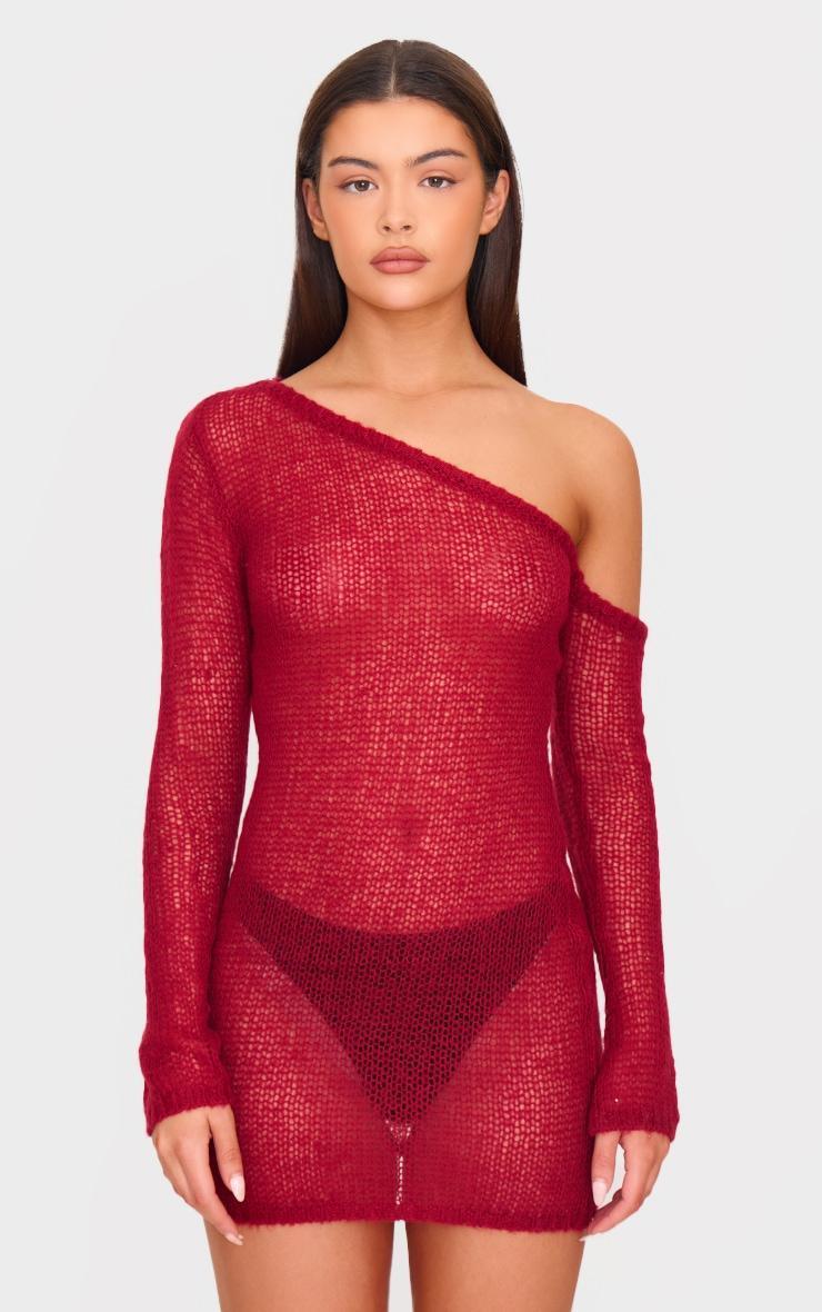Red Textured Knit Asymmetric Shoulder Mini Dress Product Image