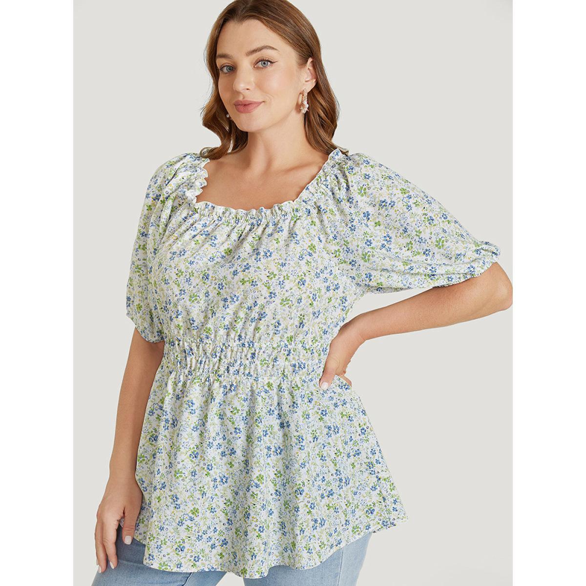 Plus Size Multicolor Ditsy Floral Puff Sleeve Frill Trim Elastic Waist Blouse Women Elegant Short sleeve Square Neck Dailywear Blouses BloomChic 22-24/3X Product Image