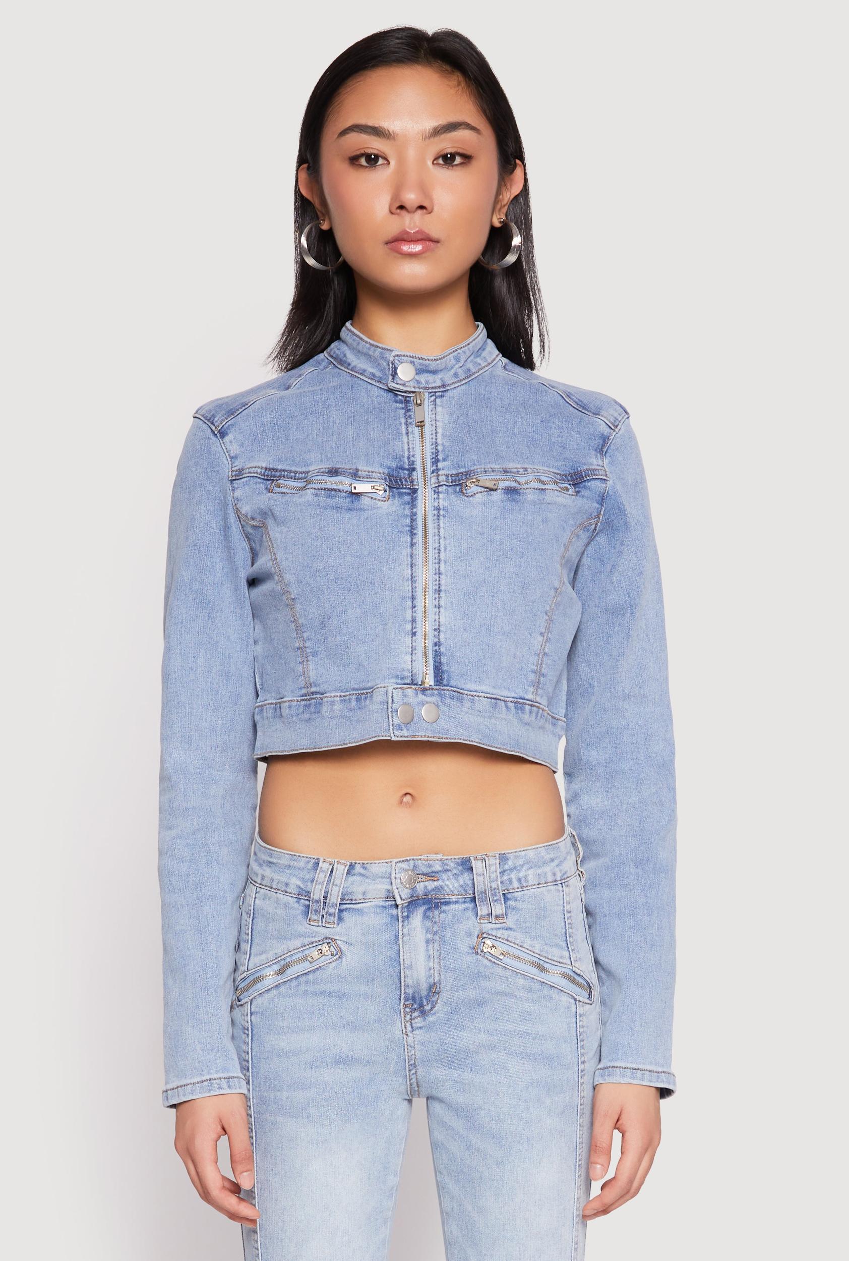 Womens Almost Famous Denim Moto Cropped Jacket Product Image