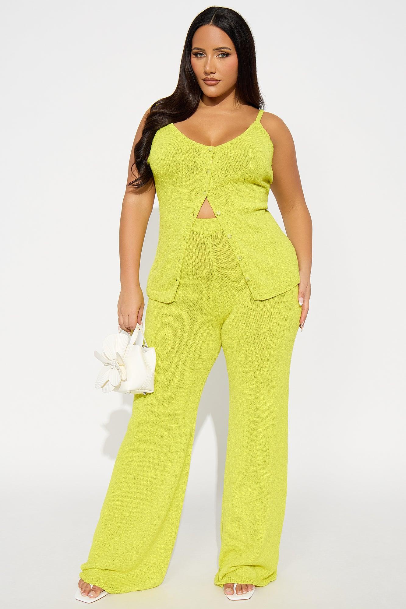 Bella Button Front Knit Pant Set - Chartreuse Product Image