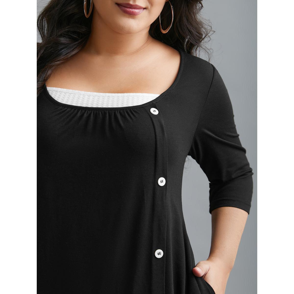 Plus Size Square Neck Color Block Button Detail Dress Black Women Elegant Gathered Knit Dresses Bloomchic 14-16/1X Product Image